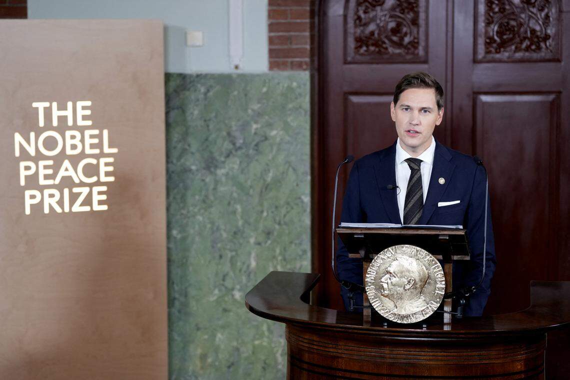 Jorgen Watne Frydnes, chair of the Norwegian Nobel Committee, addresses journalists in Oslo on Friday to announce that Venezuelan opposition leader Maria Corina Machado has won the the 2025 Nobel Peace Prize. (Photo by Rodrigo Freitas / NTB / AFP) / Norway OUT (Photo by RODRIGO FREITAS/NTB/AFP via Getty Images)          