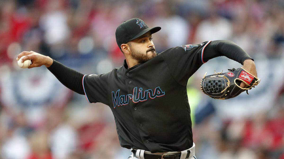 Miami Marlins starting pitcher Pablo Lopez works in the first inning of baseball game against the Atlanta Braves,Friday, April 5, 2019, in Atlanta. (AP Photo/John Bazemore)