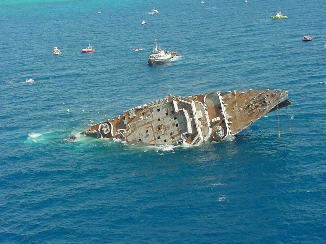 The Spiegel Grove rolls over after it sank prematurely Friday, May 17, 2002, in the Florida Keys National Marine Sanctuary. The vessel was being prepared to be intentionally sunk as an artificial reef, but began taking on water faster than expected. All personnel evacuated the ship without incident.