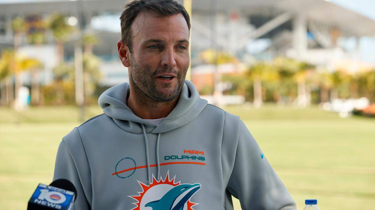 Miami Dolphins wide receivers coach Wes Welker talks with the reporters during media availability at Baptist Health Training Complex in Hard Rock Stadium on Wednesday, February 23, 2022 in Miami Gardens, Florida.