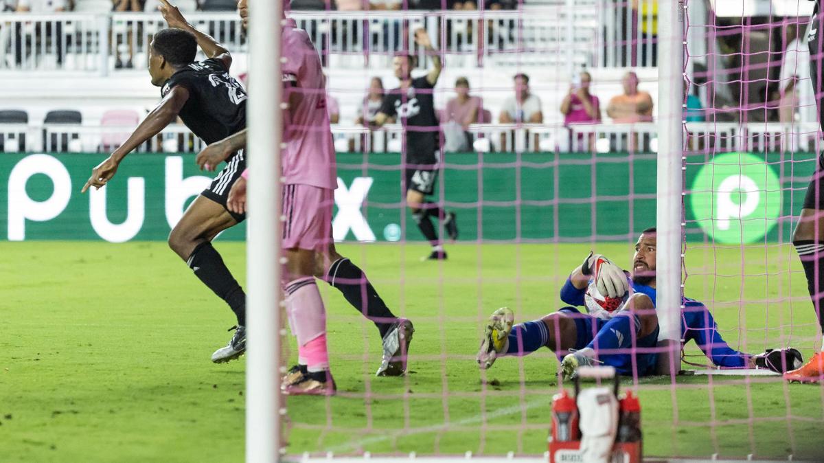 D.C. United defender Donovan Pines (23) reacts after scoring a goal against Inter Miami goalkeeper Drake Callender (1) in the second half of an MLS game at DRV PNK Stadium on Saturday, June 3, 2023, in Fort Lauderdale, Fla.