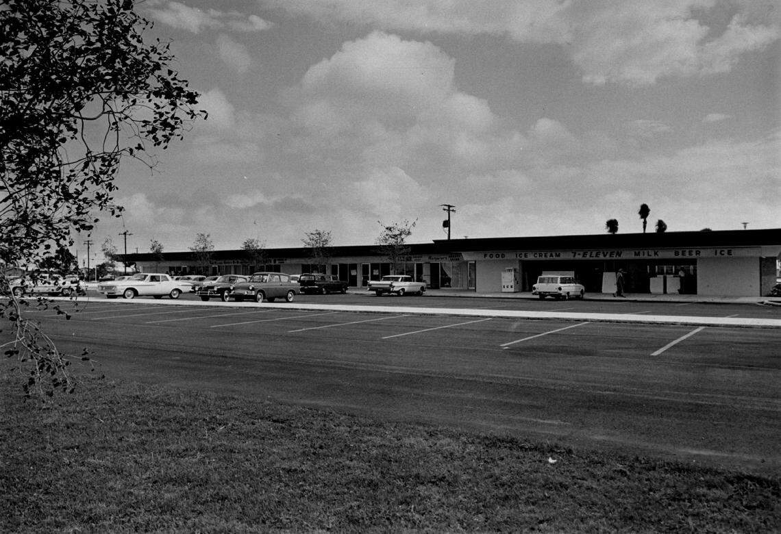 First shopping center in Miami Lakes in 1964. The land was purchased in the 1930s by former State Sen. Ernest R. Graham as a dairy farm. Graham has just moved into a new home in the Miami Lakes Loch Lomond section, which is just a short chip shot from the golf course.