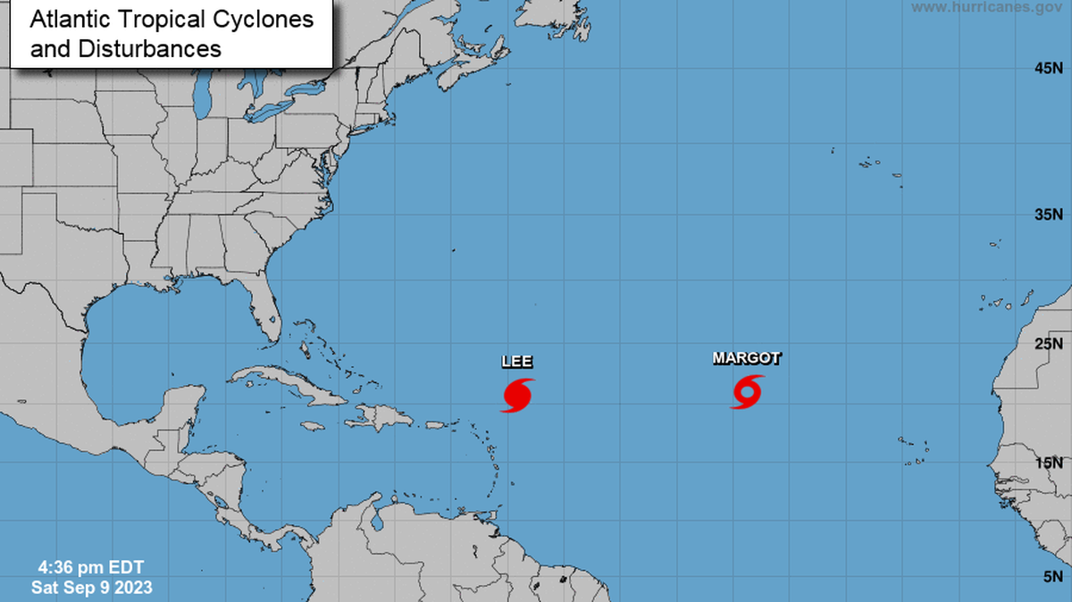 National Hurricane Center’s Saturday afternoon tropics map shows Hurricane Lee and Tropical Storm Margot in the open Atlantic.