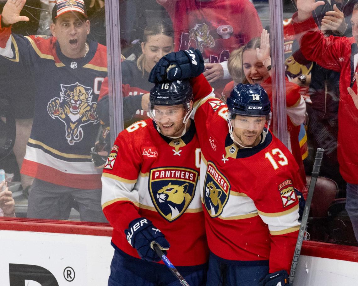 Florida Panthers center Sam Reinhart (13) celebrates goal by Florida Panthers center Aleksander Barkov (16) during the second period of Game 5 of Round 1 of the Stanley Cup Playoffs on Monday, April 29, 2024, at Amerant Bank Arena in Sunrise, Fla. The Panthers were up 2-1 at the end of the second period.