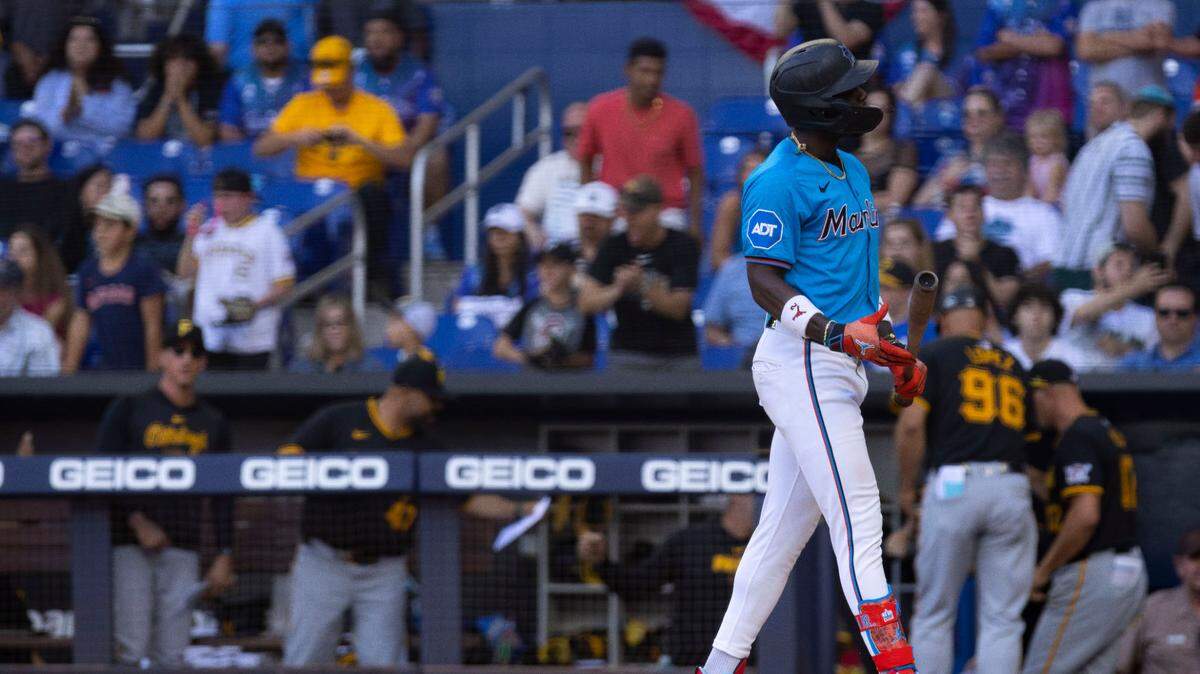 Miami Marlins center fielder Jazz Chisholm Jr. (2) shakes his head after getting three strikes and ending the game during the tenth inning of a baseball game on Sunday, March 31, 2024, at loanDepot Park in Miami.