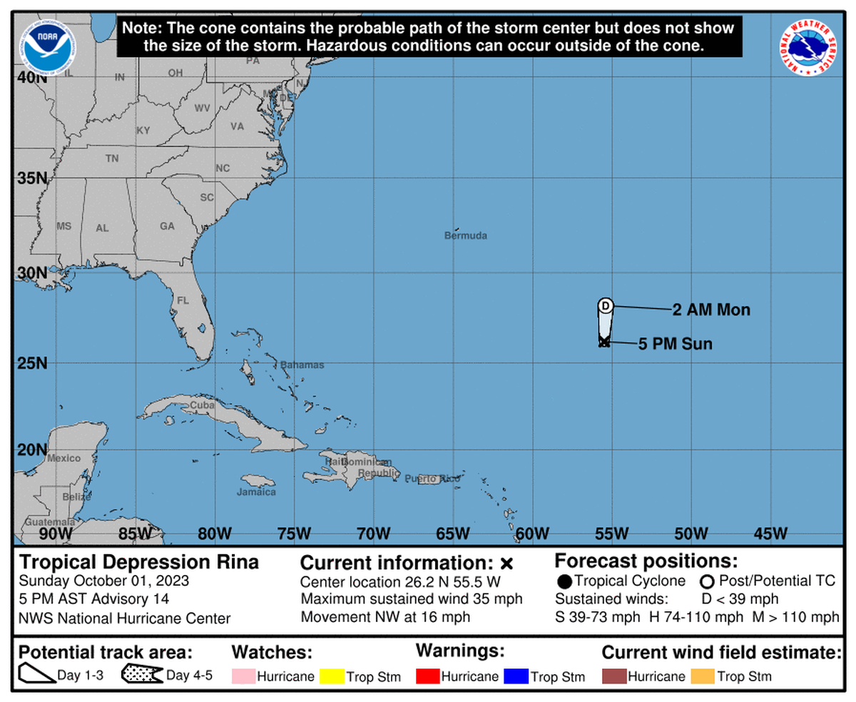 The projected path of Tropical Depression Rina, 5 p.m., Oct. 1