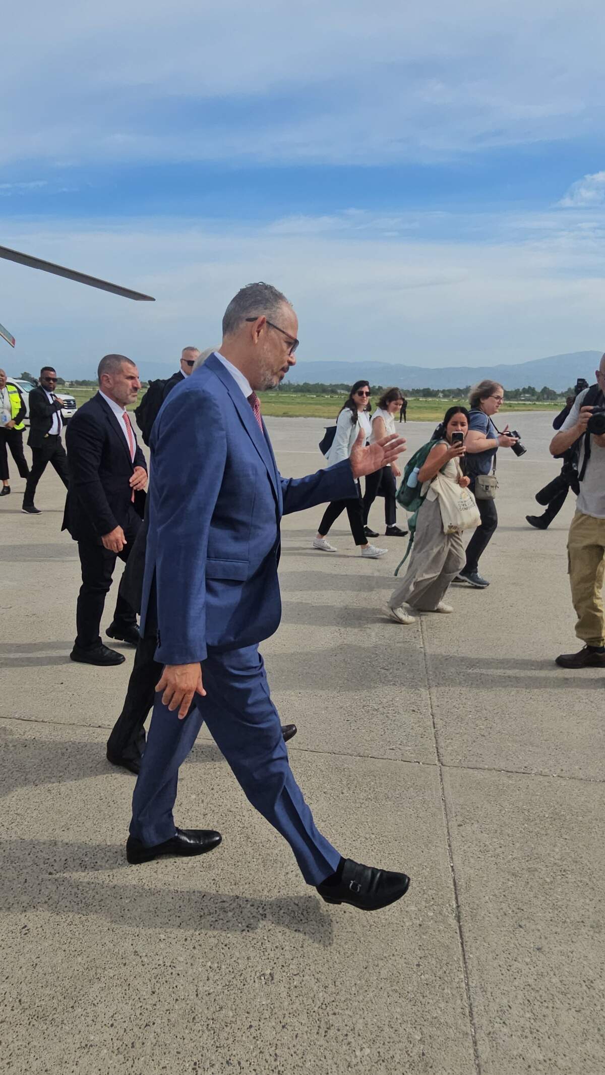Haiti Prime Minister Prime Minister Alix Didier Fils-Aimé greets U.N. Secretary-General António Guterres as he lands in Port-au-Prince on Tuesday, June 17, 2026.