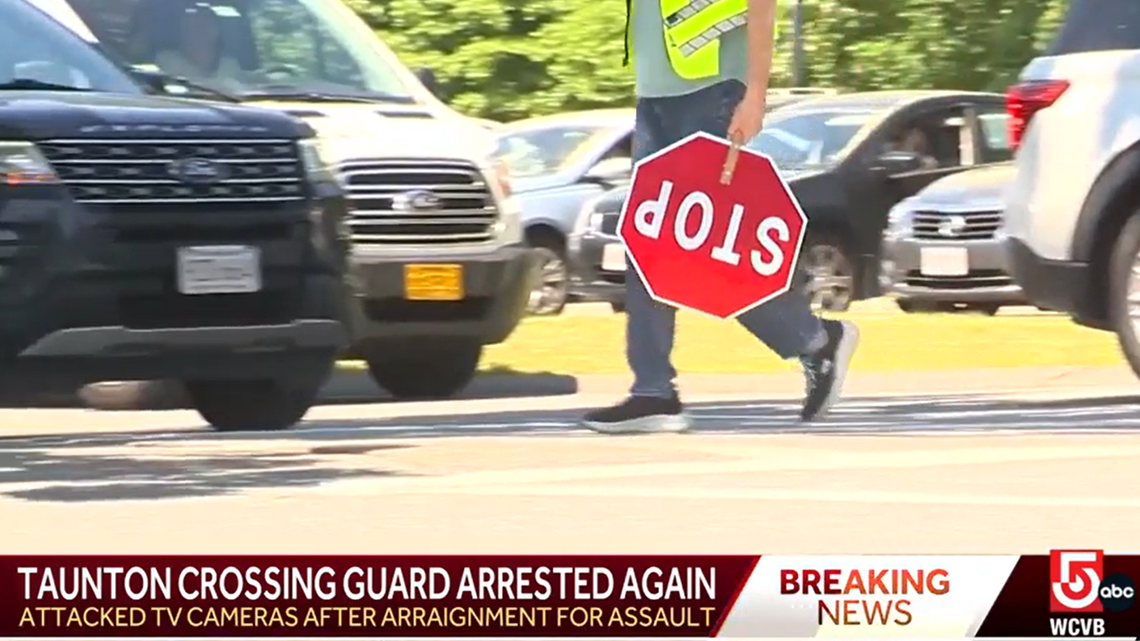 A Massachusetts school crossing guard assaulted a mother, her child and members of the media, according to police.