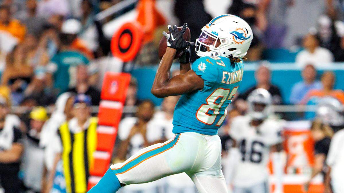 Miami Dolphins wide receiver Erik Ezukanma (87) catches a pass during fourth quarter of an NFL preseason football game against the Las Vegas Raiders at Hard Rock Stadium on Saturday, August 20, 2022 in Miami Gardens, Florida.