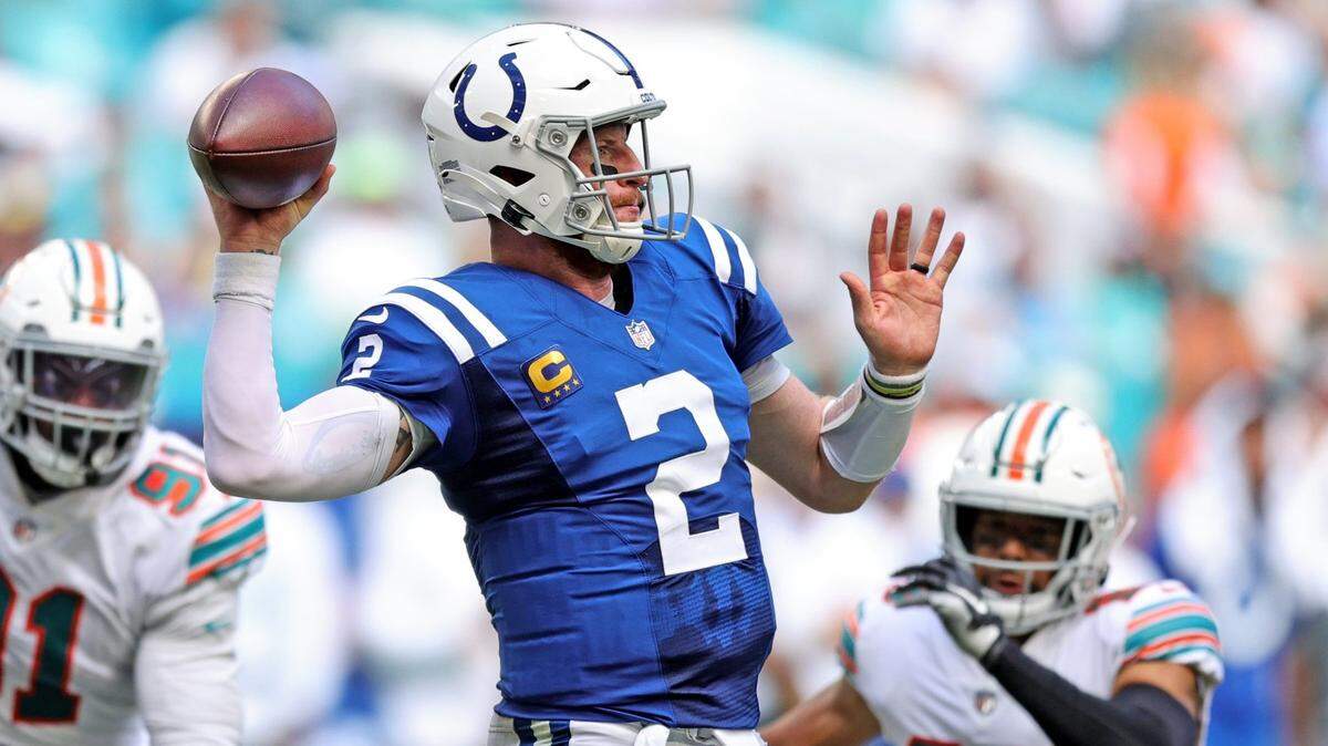 Indianapolis Colts quarterback Carson Wentz passes during 27-17 win at Miami Dolphins on Sunday, October 3, 2021. Wentz’s Colts host the New York Jets this Thursday night to kick-off NFL Week 9.