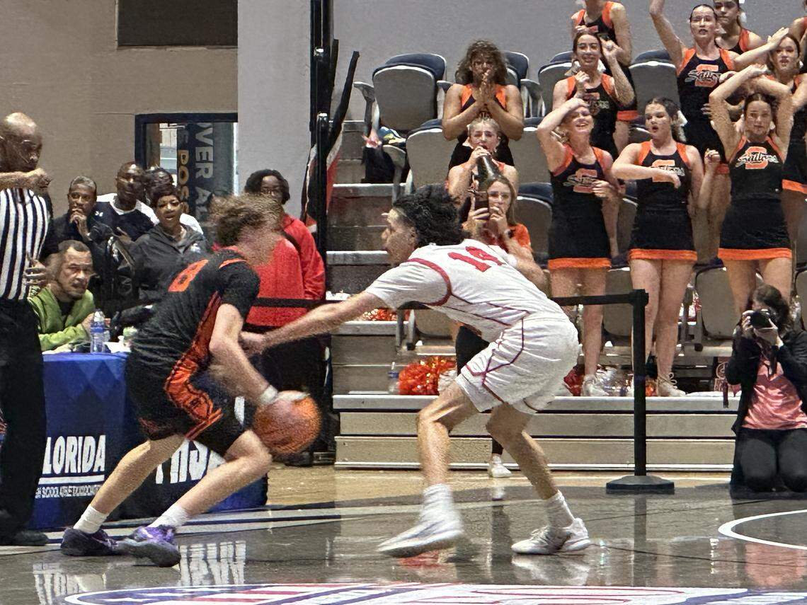 Columbus’ Felipe Quinones plays defense on Saturday during the Class 7A state boys’ basketball championship game at UNF Arena in Jacksonville, Fla.