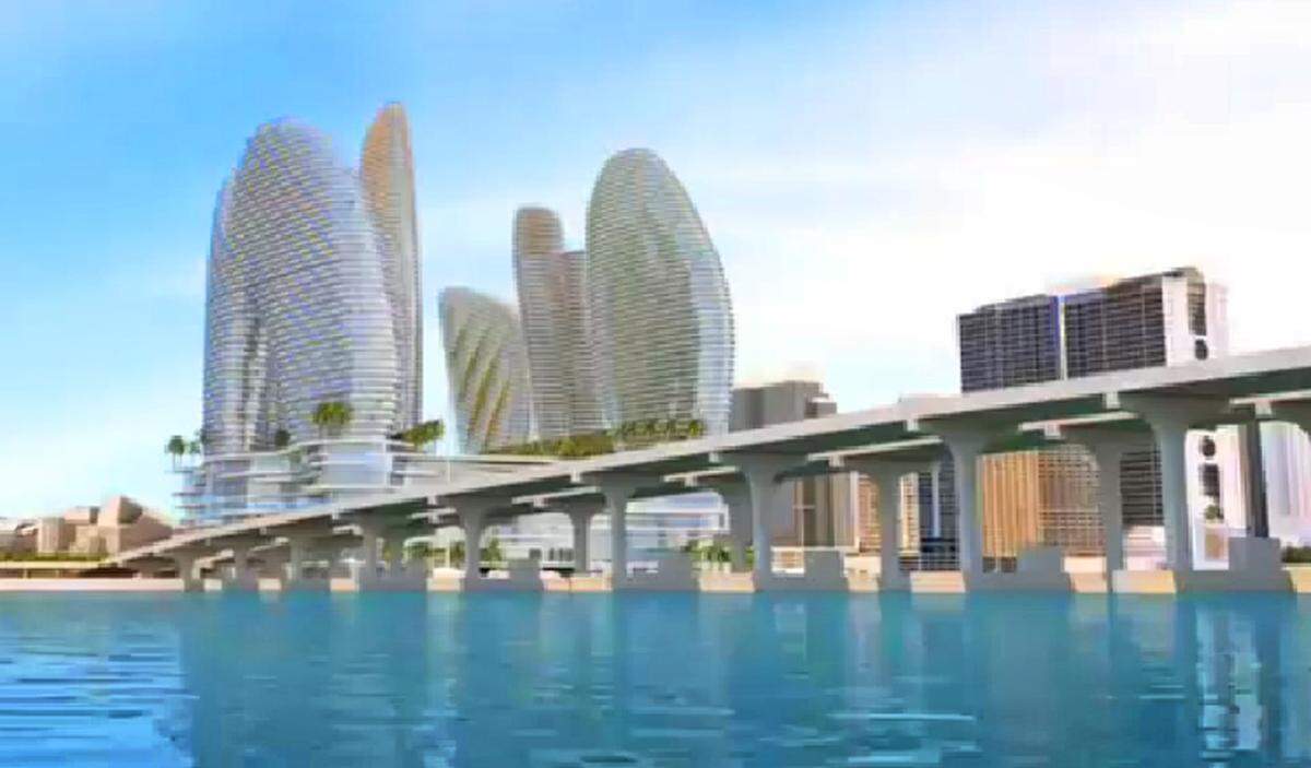 In this artist’s rendering, the Genting company’s proposed resort-casino rises above the MacArthur Causeway bridge that spans Biscayne Bay.