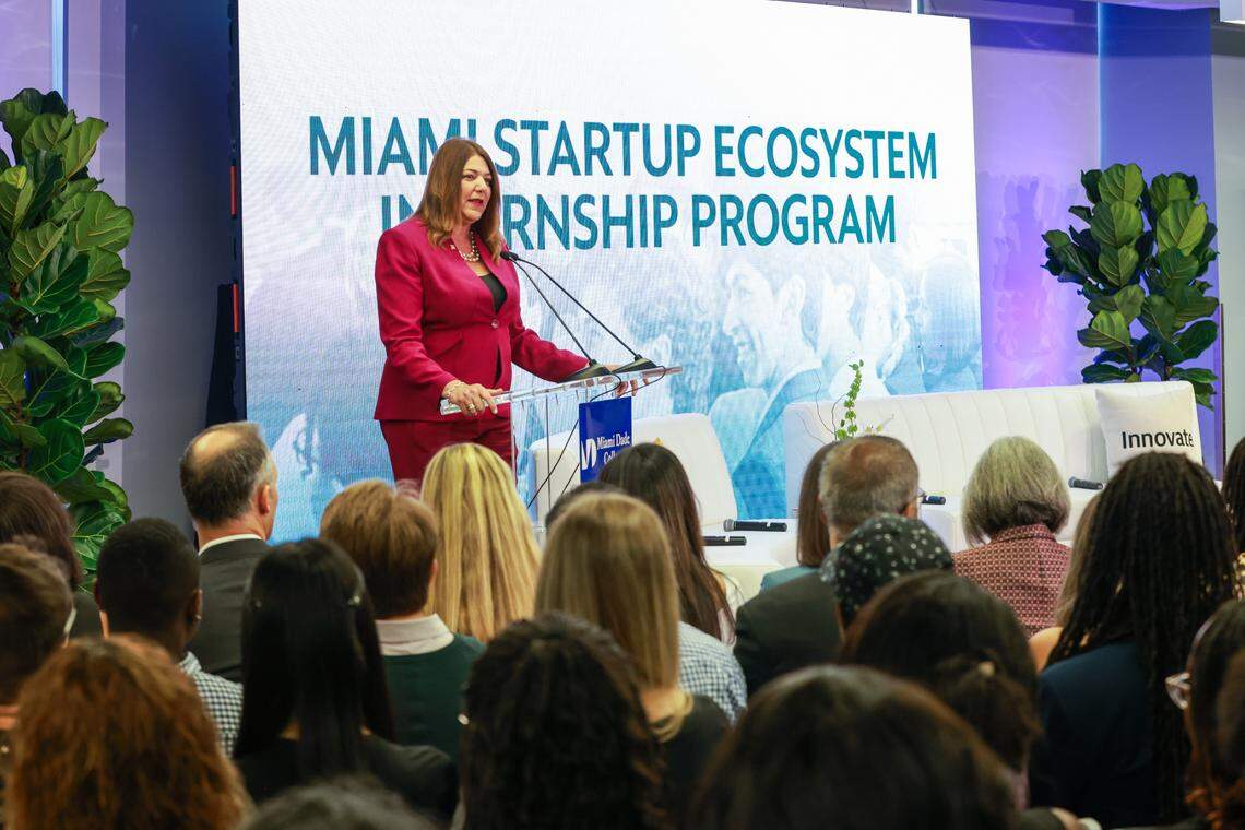 Madeline Pumariega, President of Miami Dade College, speaking at launch event on May 5, 2025 at downtown campus.