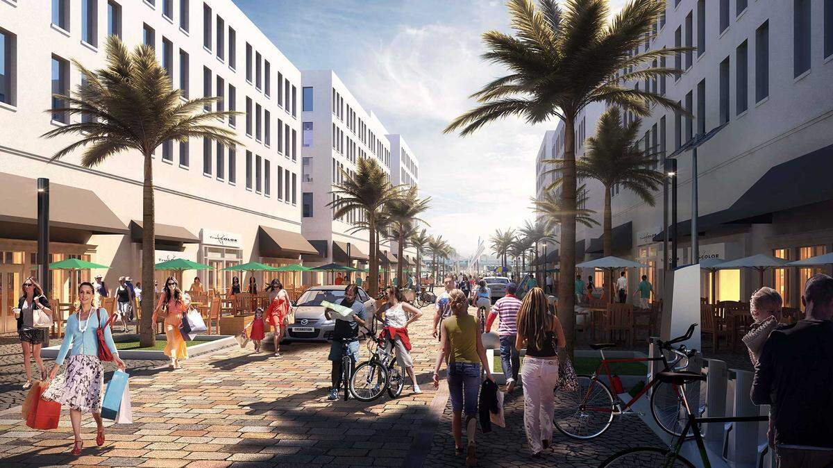An architectural rendering shows how a street near Hialeah’s Tri-Rail Market Station could look if redeveloped under a 2016 transit-oriented zoning plan.