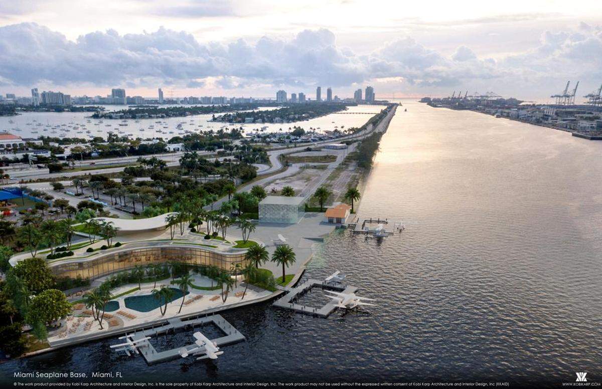 The approved first phase for the base enhancement, rendered by Kobi Karp Architecture, will include a new restaurant, customs and immigration center and floating docks for seaplane landings, among other amenities.