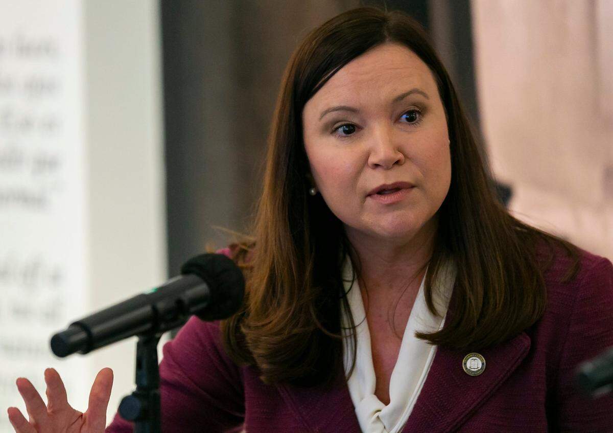 Attorney General Ashley Moody speaks during a roundtable discussion at the American Museum of the Cuban Diaspora in Miamis Coral Way neighborhood on Monday, February 7, 2022.