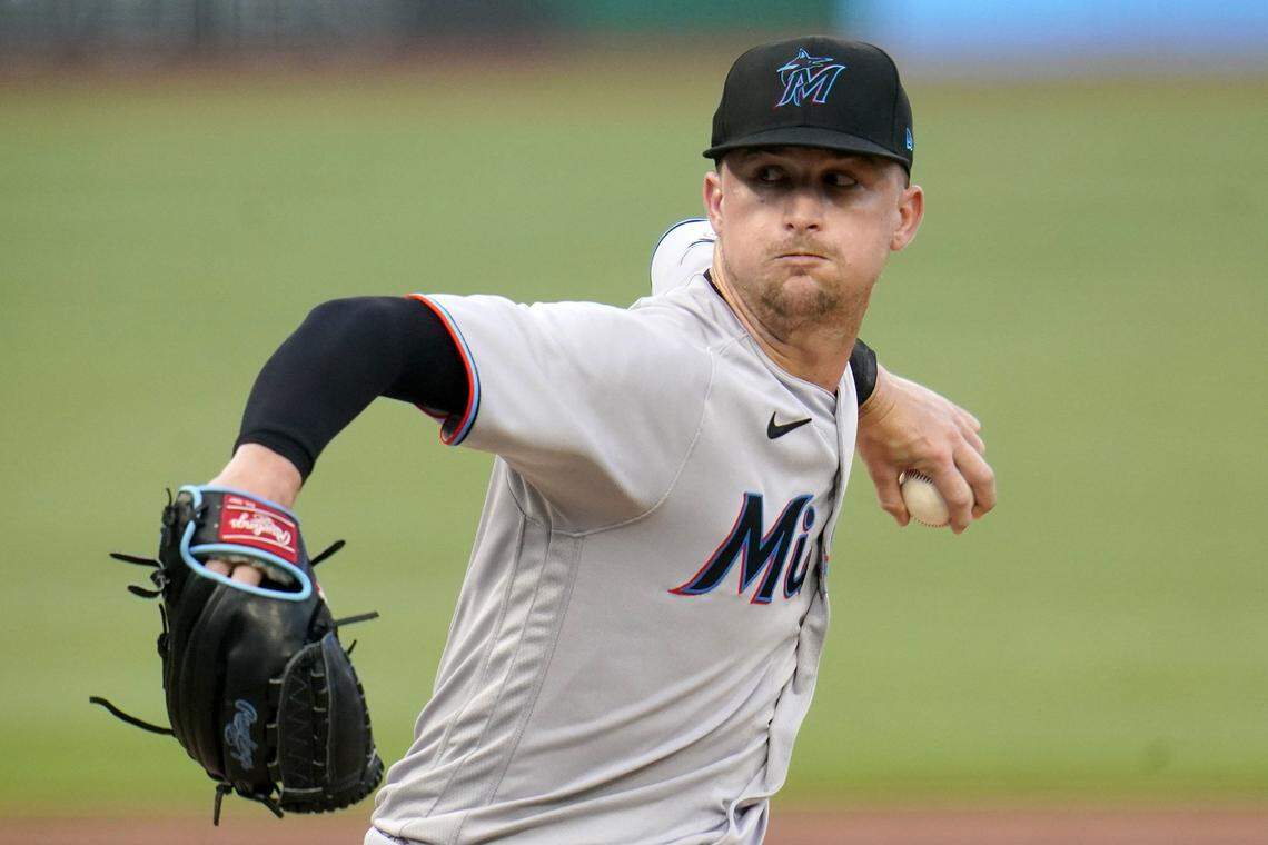 Miami Marlins starting pitcher Braxton Garrett delivers during the first inning of a baseball game against the Pittsburgh Pirates in Pittsburgh, Friday, July 22, 2022. (AP Photo/Gene J. Puskar)