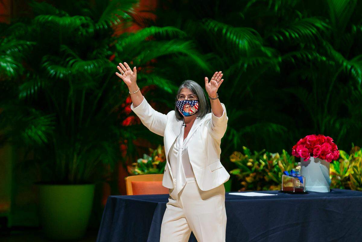 Newly elected Miami-Dade Mayor Daniella Levine Cava waves after speaking at her swearing-in ceremony inside the Knight Concert Hall at the Adrienne Arsht Center for the Performing Arts in downtown Miami on Tuesday, Nov. 17, 2020. The event was funded by leftover campaign dollars, and managed in part by Christian Ulvert, her former campaign manager.