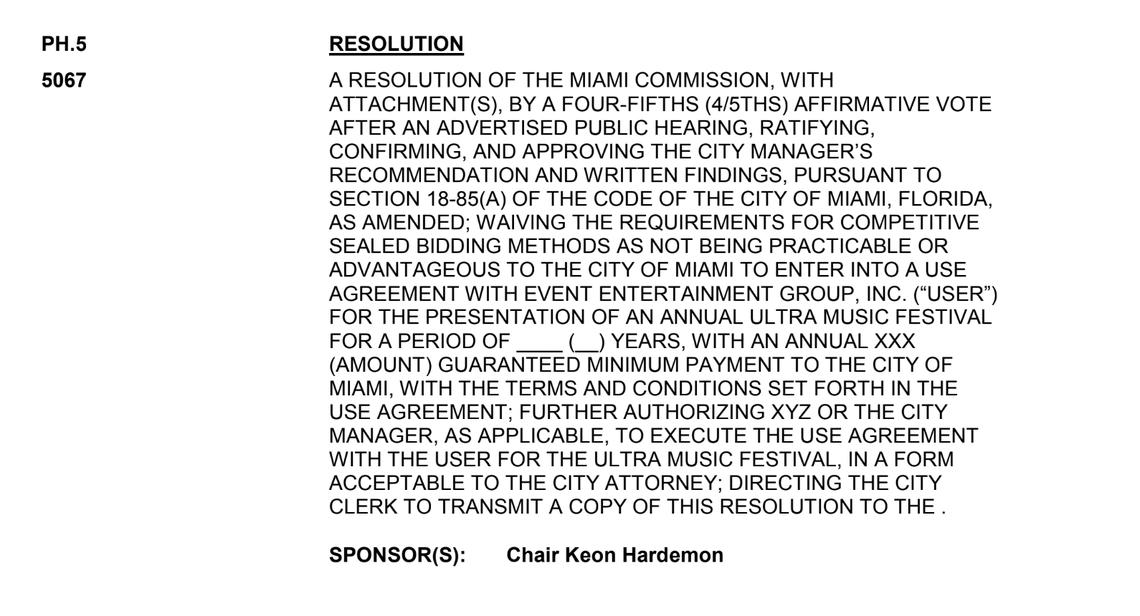 The draft agenda for the Nov. 15 Miami City Commission meeting shows that elected officials may consider vote on a new contract for Ultra Music Festival to be held in the city. Officials confirmed for the Miami Herald the new location would be on Virginia Key.