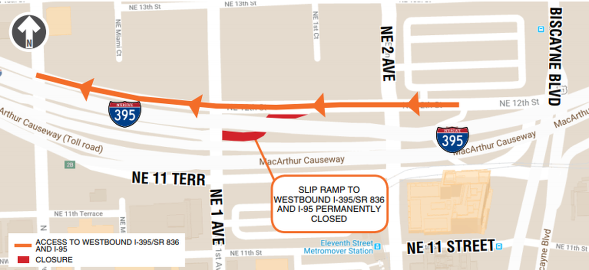 As the first step of the closure of NE 12 Street, on Aug. 5 the NE 12 Street slip ramp to westbound I-395 and I-95 will be permanently closed.