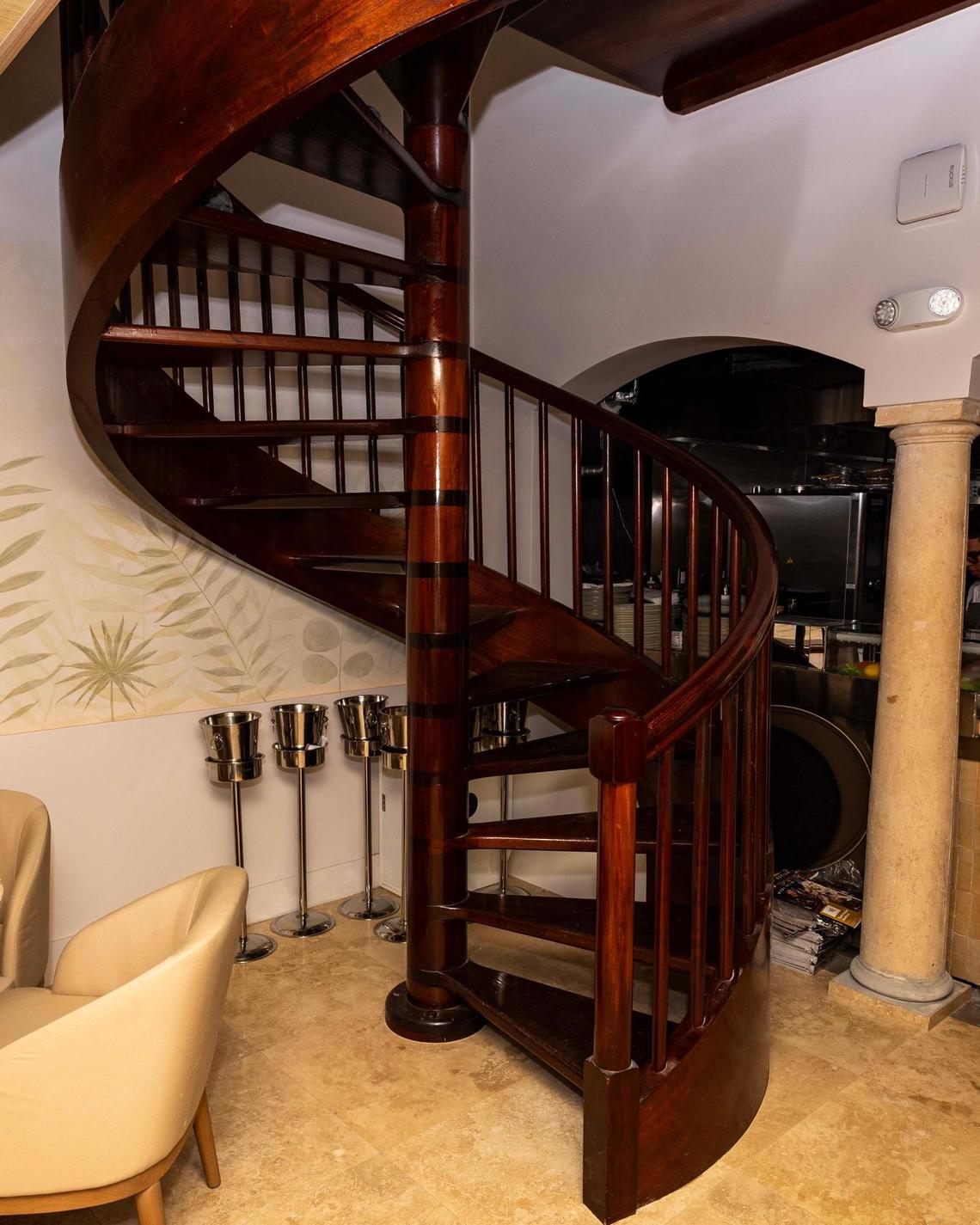 Stairs leading from the restaurant area to a hotel room inside Donatella on Thursday, May 1, 2025, in Miami Beach, Fla.