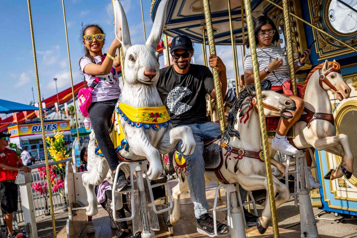 A young girl smiles wide as she takes a ride on the carousel with family