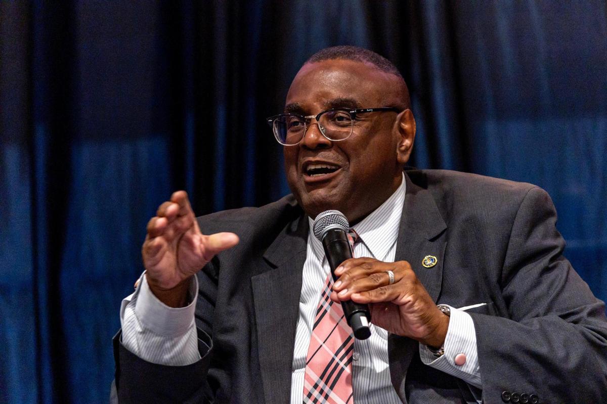 Hon. Norman O. Heming III discusses how fasting is practiced in many faiths during an interfaith iftar dinner at Florida International University. The Center for Muslim World Studies hosted the dinner in observance of Ramadan.