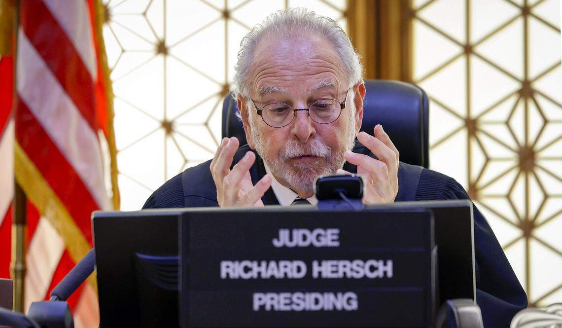 Judge Richard Hersch speaks to attorneys virtually in the case of Derek Rosa, 14, while seated in his courtroom at the Richard E. Gerstein Justice Building in Miami, Florida, on Thursday, Jan. 16, 2025. Rosa is accused of stabbing his mother to death while she slept at their Hialeah home in 2023.