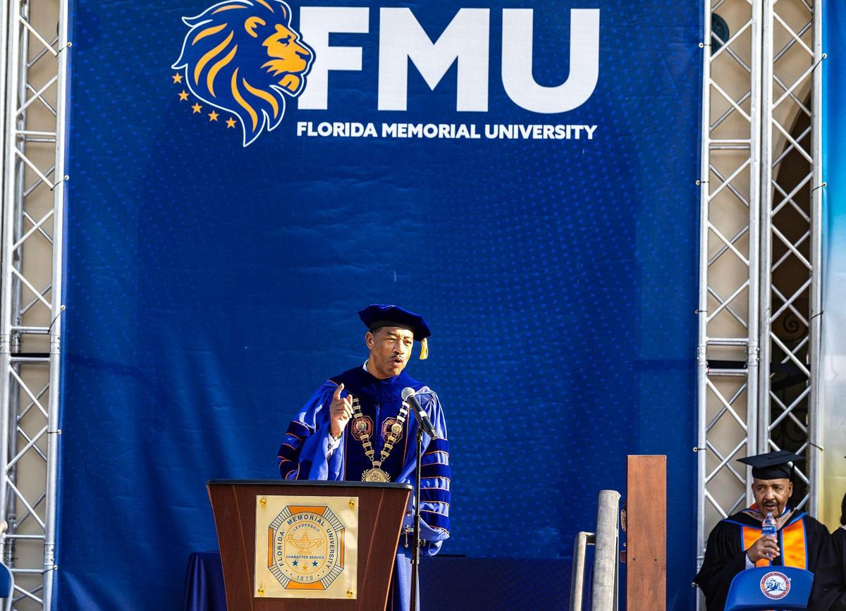 President Jaffus Hardrick speaks during the spring commencement ceremony at Florida Memorial University in Miami Gardens, on Saturday May 6, 2023. Hardrick, officially inaugurated in March, shared seven pieces of advice with graduates during the ceremony: (1) Keep God at the center of life. (2) Maintain a positive attitude about life. (3) Surround yourself with people who will add value to your life instead of subtracting it. (4) Dream big dreams and strategies to make them a reality. (5) Fail forward. (6) Embrace the law of reciprocity — “What you sow in life you reap,” he told them. “So sow kindness.” (7) Don’t take yourself too seriously. Enjoy life.