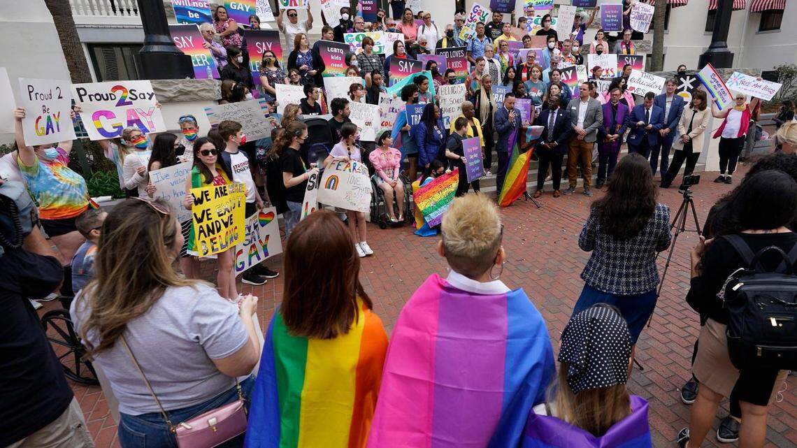 Demonstrators gather on the steps of the Florida Historic Capitol Museum in front of the Florida State Capitol, Monday, March 7, 2022, in Tallahassee, to protest the Parental Rights in Education law, which critics have dubbed the the “Don’t Say Gay” bill. On Nov. 18, the state Department of Education sent letters to nine Florida school districts, including Miami-Dade and Broward, saying their policies were not in compliance with the new law. The districts said otherwise.
