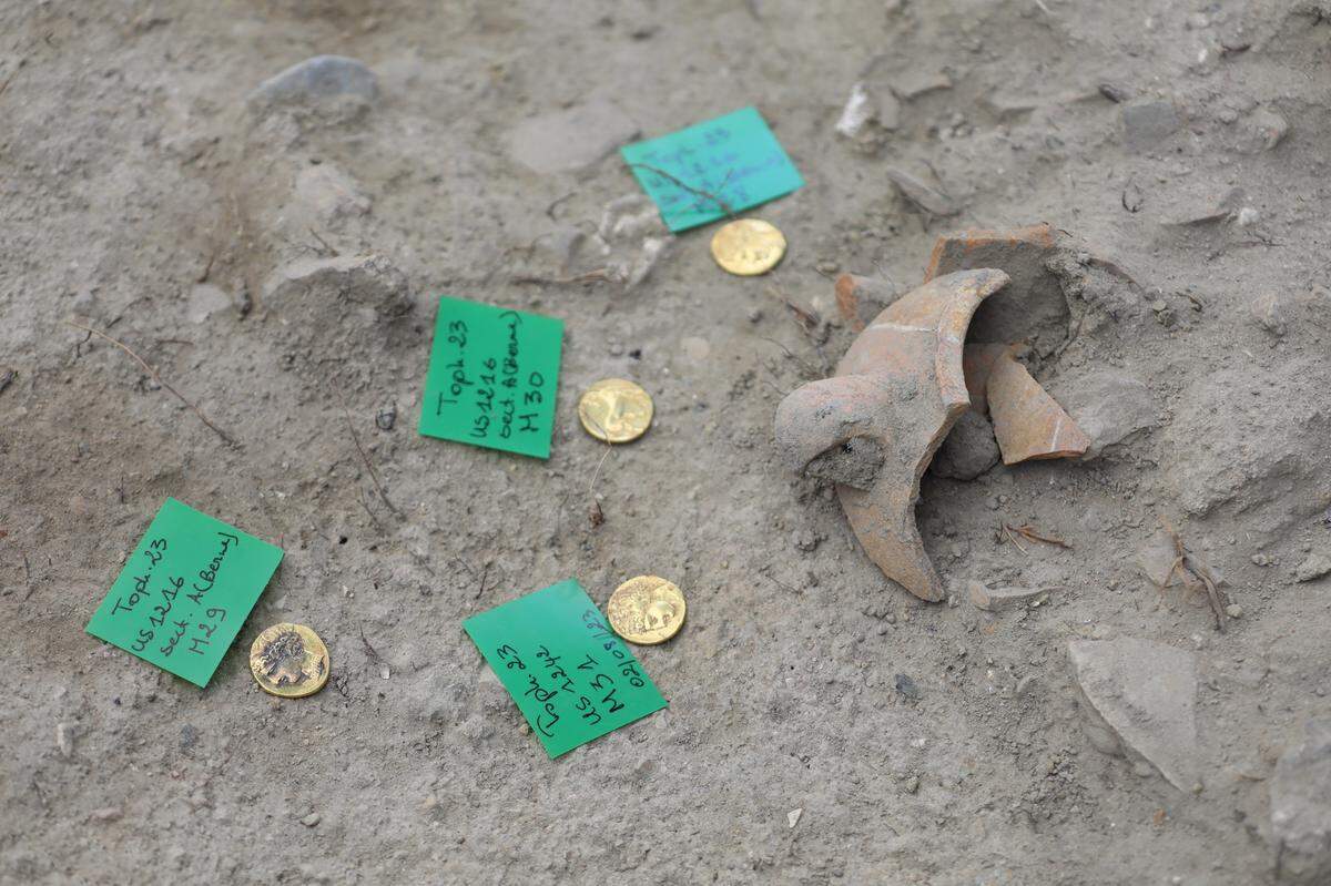 Some of the gold coins found at the sacred site.