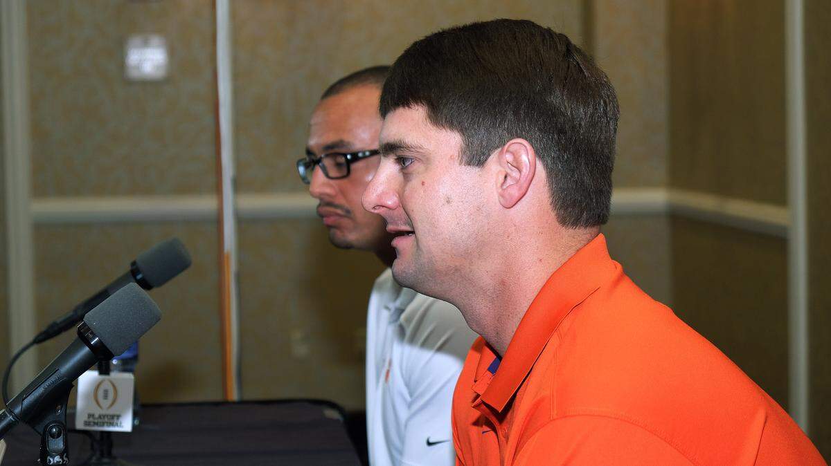 Clemson offensive coordinators Tony Elliott and Jeff Scott speak to the media at a press conference in Fort Lauderdale, Fla., Sunday, Dec. 27, 2015. Oklahoma will play Clemson in the Orange Bowl on New Year’s Eve.