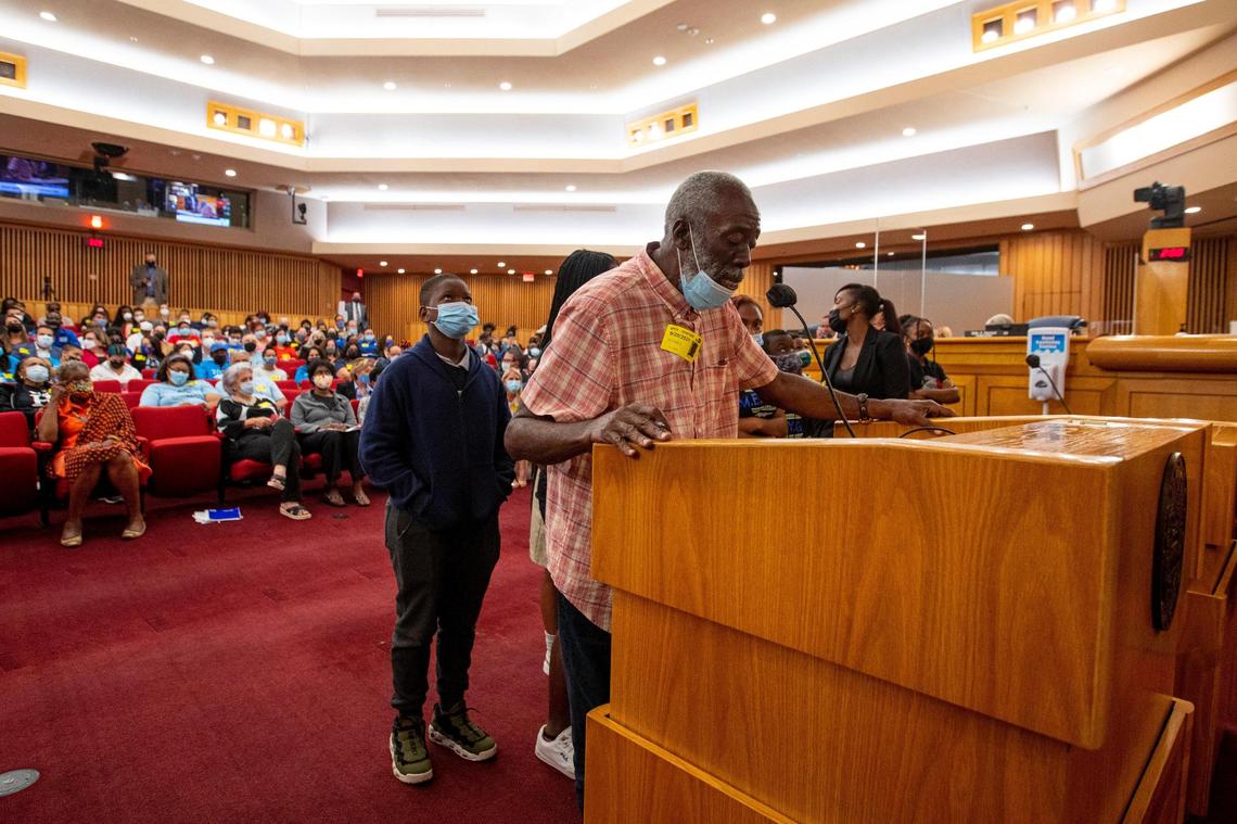 Youth counselor Walter Dennis of M.E.Y.G.A. asks for more funding from the budget during the second budget hearing held by the Miami-Dade Board of County Commissioners at Stephen P. Clark Government Center in Miami, Florida, on Tuesday, September 28, 2021. Multi-Ethnic Youth Group Association, Inc (MEYGA) promotes the mental, physical and social well-being of seniors, youth and families.