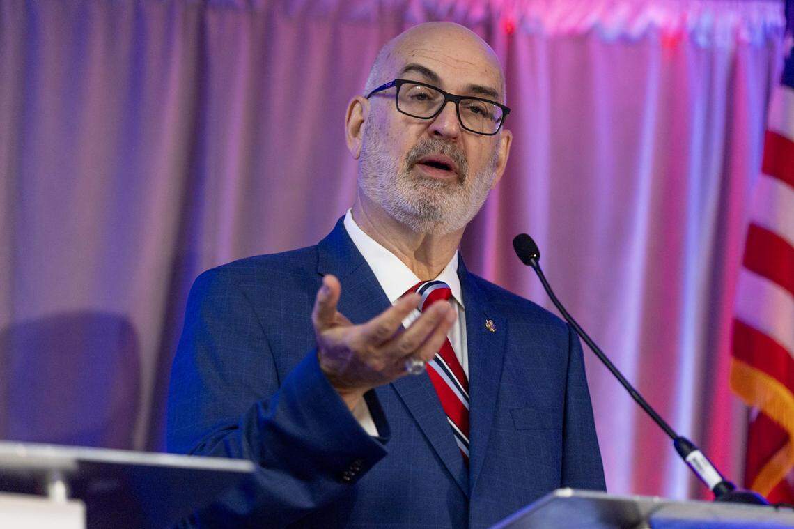 Former City Manager Emilio T. Gonzalez speaks during a City of Miami mayoral debate hosted by the Downtown Neighbors Alliance at Hyatt Regency Miami on Tuesday, September 30, 2025, in Miami, Fla. Other candidates in attendance included Miami Commissioner Joe Carollo, former Commissioner Alex Díaz de la Portilla, former Miami-Dade Commissioner Eileen Higgins, former Mayor Xavier Suarez and former Commissioner Ken Russell.