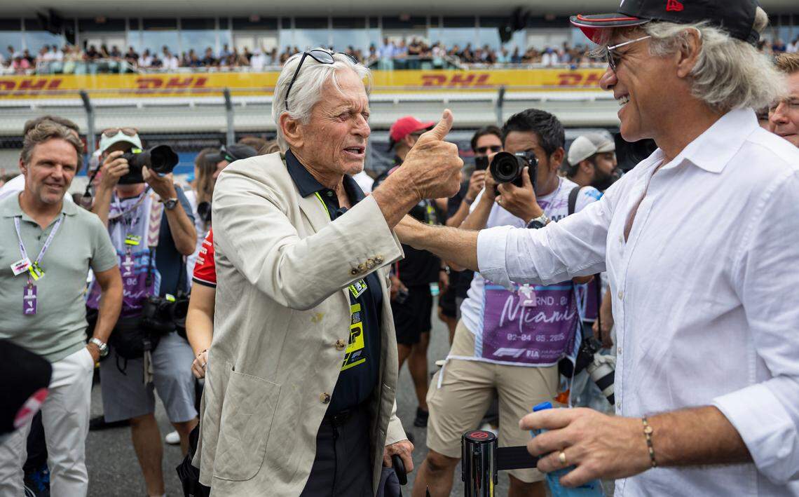 American actor and film producer Michael Douglas reacts while walking the grid ahead of the Formula One Miami Grand Prix at the Miami International Autodrome on Sunday, May 4, 2025, in Miami Gardens, Fla.