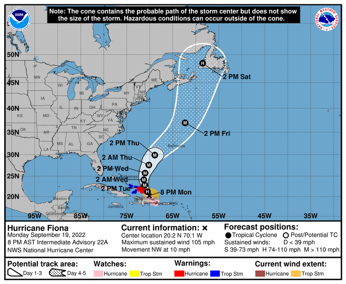 Hurricane Fiona strengthened into a Category 2 storm Monday afternoon after moving off the northern coast of the Dominican Republic.