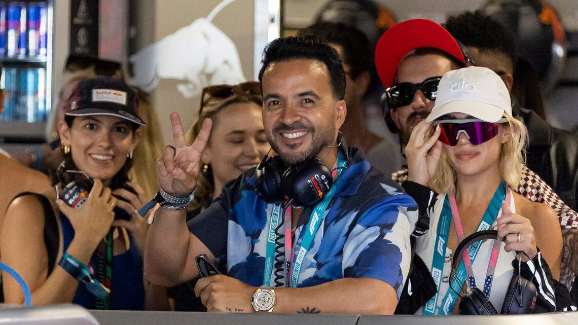 Puerto Rican singer Luis Fonsi visits the Red Bull garage during the third practice session at the Formula One Miami Grand Prix at the Miami International Autodrome on Saturday, May 6, 2023, in Miami Gardens, Fla.