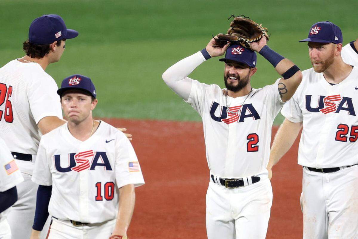 Eddy Alvarez #2 of Team United States celebrates after defeating Team Republic of Korea 7-2 in the semifinals of the men’s baseball on day thirteen of the Tokyo 2020 Olympic Games at Yokohama Baseball Stadium on August 5, 2021 in Yokohama, Japan.