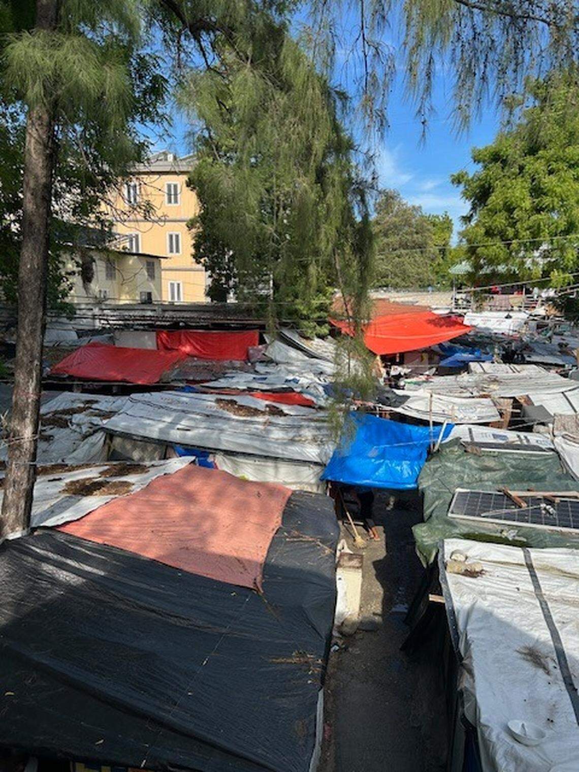 The grounds of the Ministry of Public Works, Transport and Communication in Port-au-Prince’s Delmas 33 is among dozens of spontaneous displacement camps that have popped up as record numbers of Haitian flee criminal groups. Most of these tarps are from previous disasters.