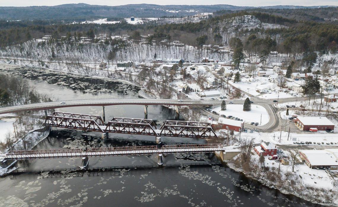 Aerial view shows Merrimack River running through Hooksett, Hew Hampshire on Thursday, Jan. 18, 2024.