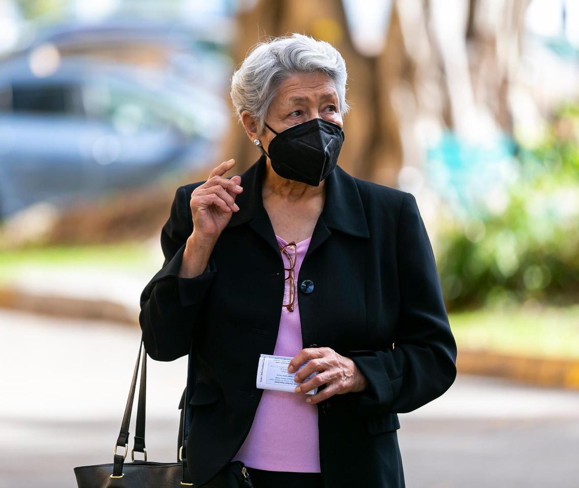 Maria Jaramillo, 80, a resident of the Haley SOFGE Towers, attends a press conference outside of the Haley SOFGE Towers in Miami’s Little Havana neighborhood on Friday, February 11, 2022. Florida Sen. Annette Taddeo spoke about claims of voter affiliation changes during the press conference.