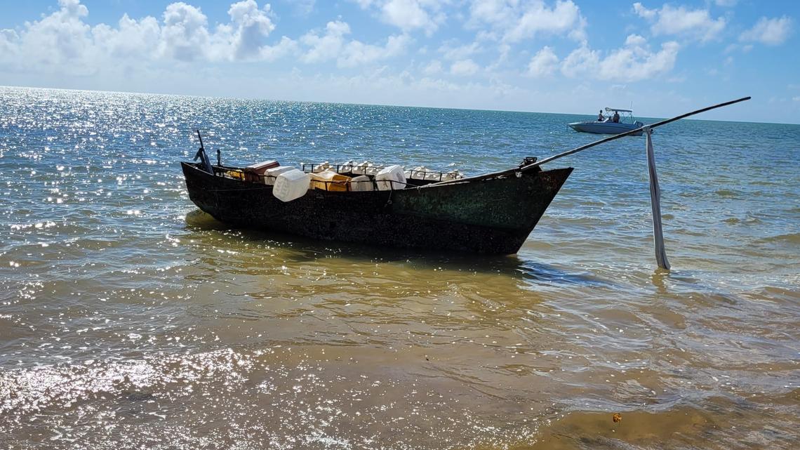 A makeshift boat is beached in the Middle Florida Keys Tuesday, Nov. 1, 2022. The vessel carried nine Cuban migrants to shore, according to the U.S. Border Patrol.