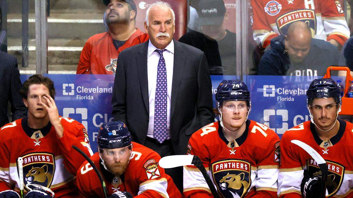 Florida Panthers head coach Joel Quenneville looks from the bench during the third period of an NHL game against the Boston Bruins at the FLA Live Arena on Wednesday, October 27, 2021 in Sunrise, Fl.