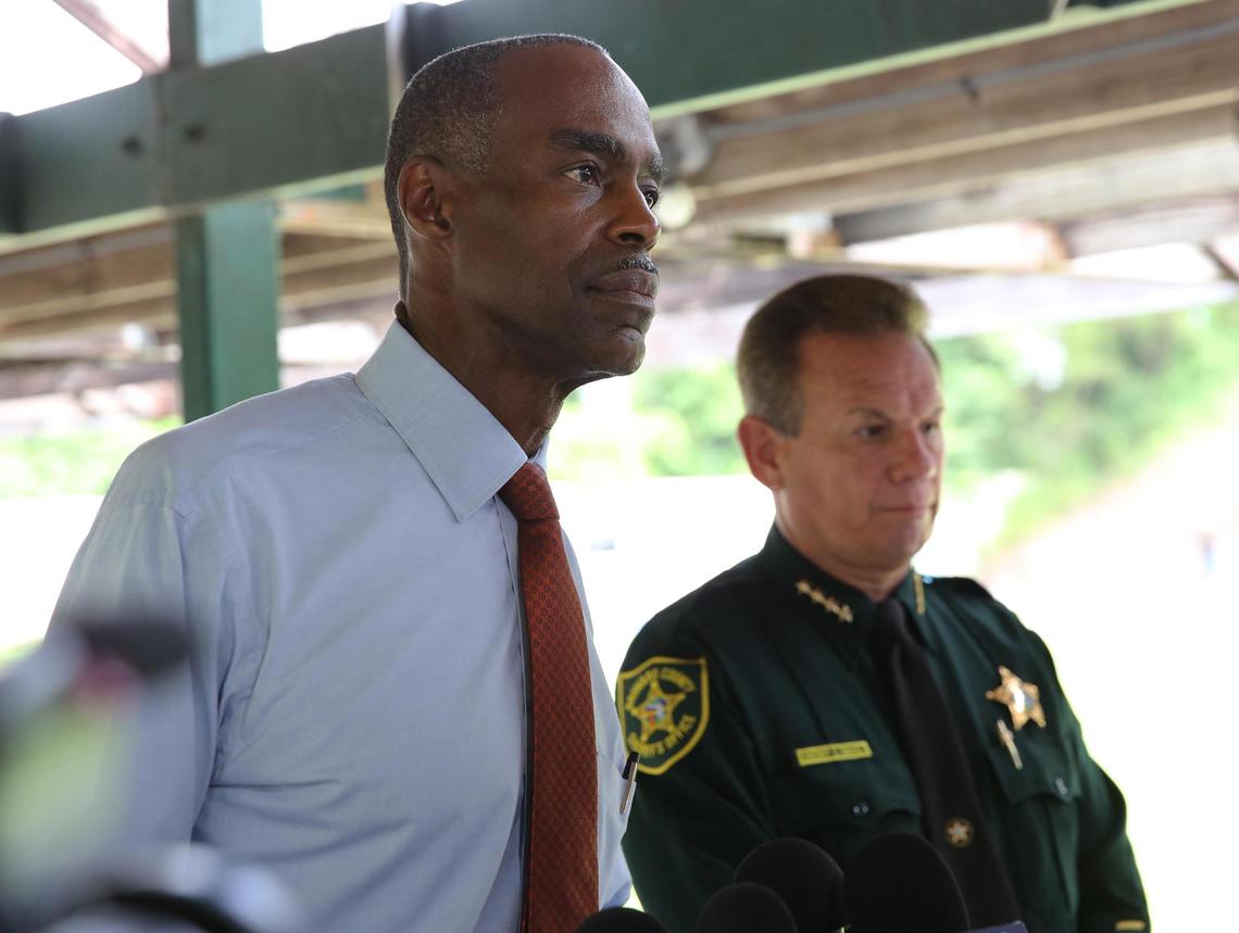 Broward Superintendent of Schools Robert Runcie and Broward Sheriff Scott Israel speak during a news conference at the Broward Sheriff’s Office shooting range at Markham Park Monday morning, July 30, 2018. Both have come under sharp criticism in the wake of the Parkland massacre.