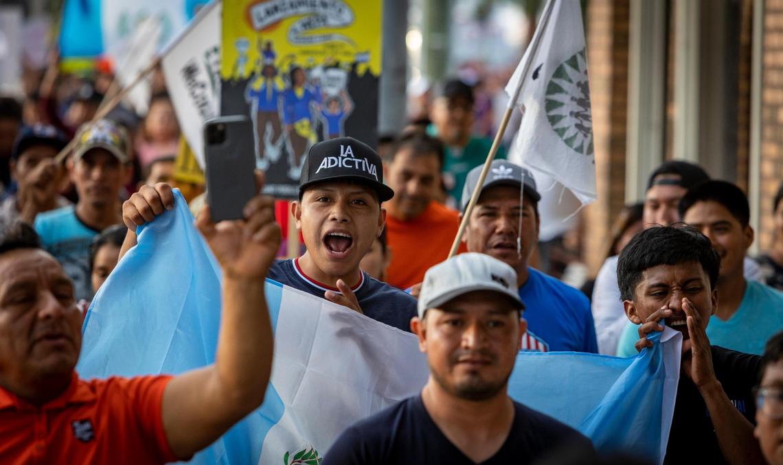 Homestead, Florida - June 1, 2023 - Marchers chant slogans as their march through the streets of Homestead to protest SB 1718.
