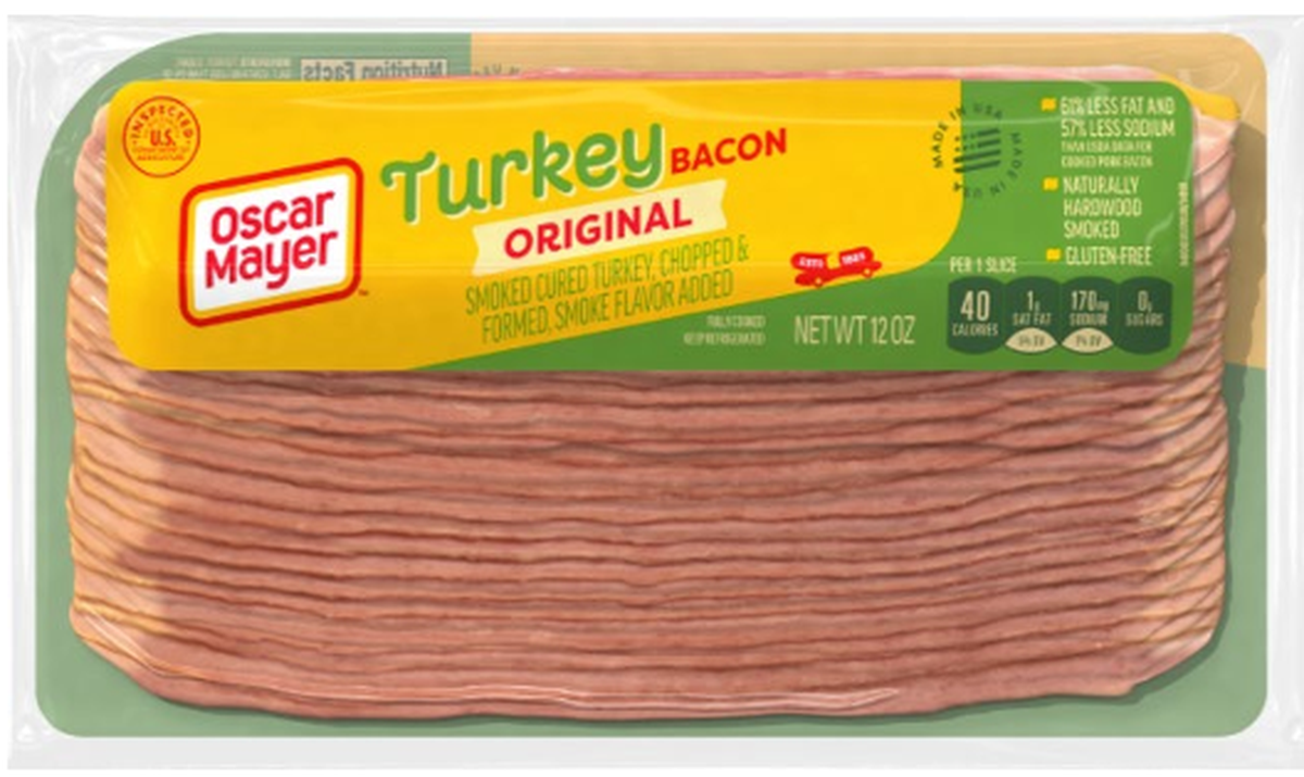 A 12-ounce pack of Oscar Mayer Turkey Bacon, Original Flavor.
