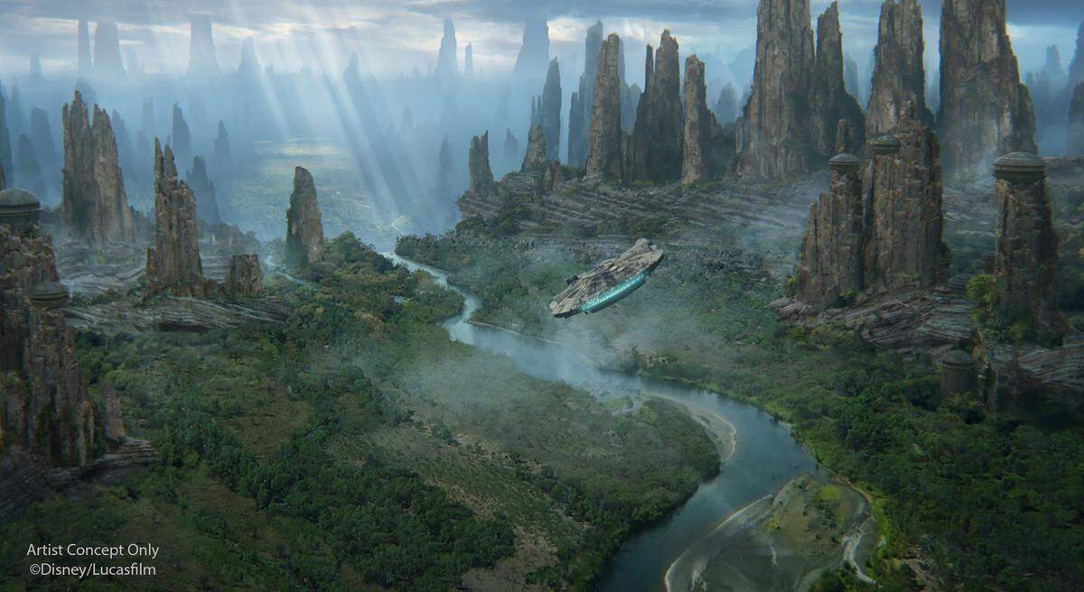 Millennium Falcon soars among the towers of petrified trees in a rendering of Black Spire Outpost, the village inside Star Wars: Galaxy’s Edge, opening at Disney’s Hollywood Studios on Aug. 29, 2019.