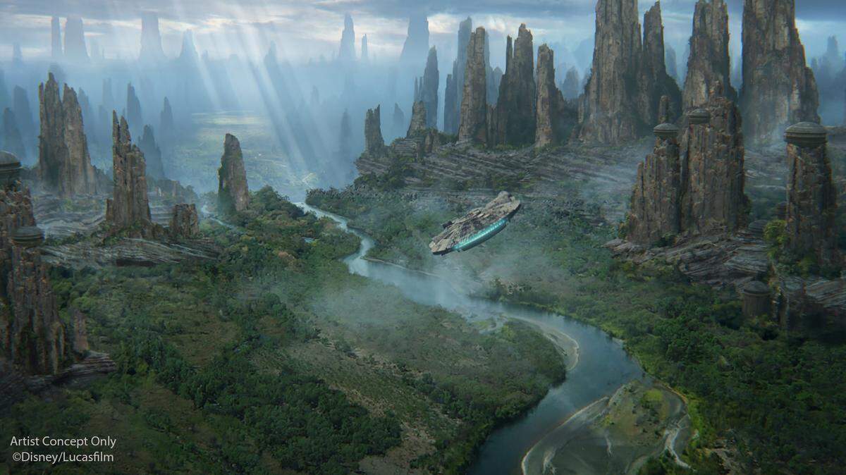 Millennium Falcon soars among the towers of petrified trees in a rendering of Black Spire Outpost, the village inside Star Wars: Galaxy’s Edge, opening at Disney’s Hollywood Studios in late fall 2019.