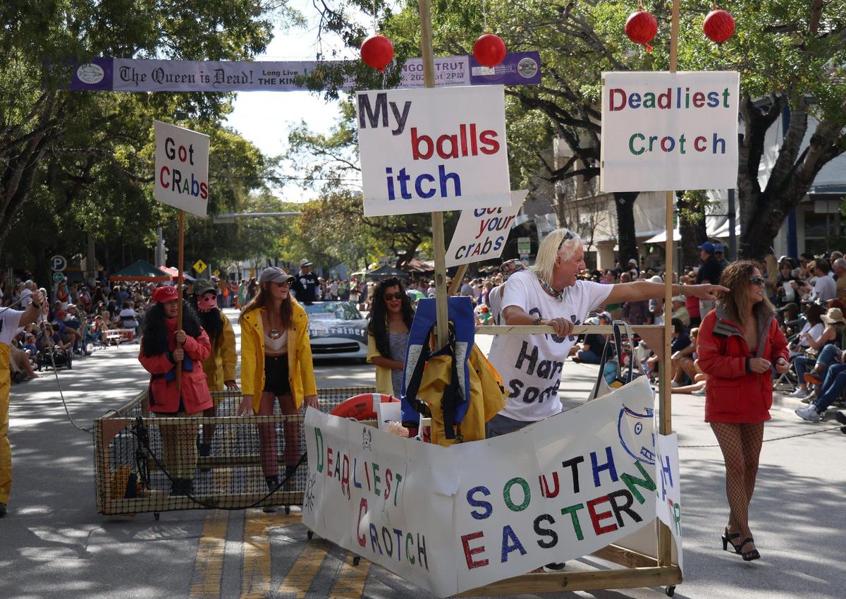 Paraders mock the “Deadliest Catch” show with their version, the “Deadliest Crotch,” at the 39th Annual King Mango Strut, Coconut Grove’s famous satirical parade, on Sunday, Jan. 8, 2023.