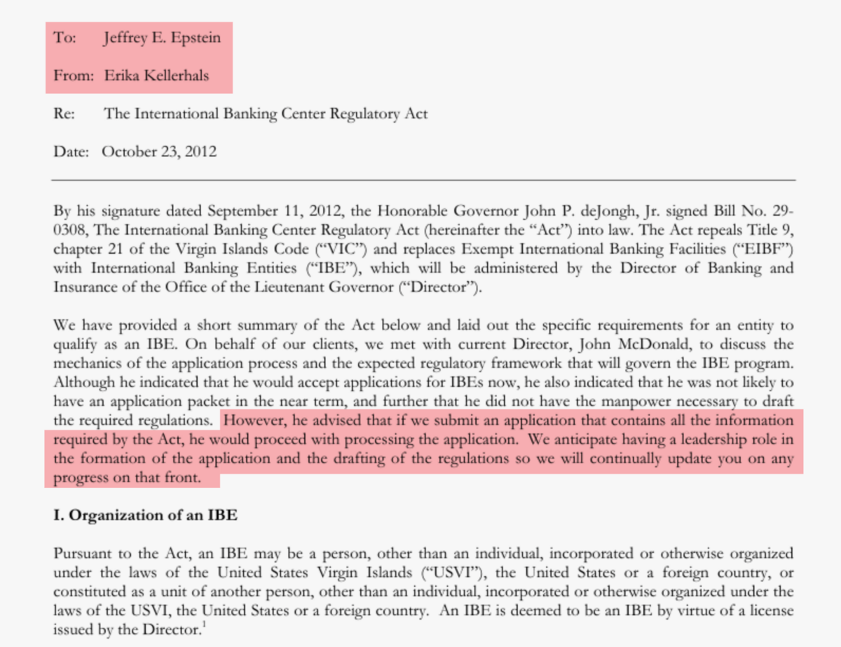 Extracto de un memo a Jeffrey Epstein redactado por su abogada Erika Kellerhals en el que le aconsejaba sobre la ley de las Islas Vírgenes de EE.&nbsp;UU. que permite la formación de entidades bancarias internacionales. El memo fue publicado por el Departamento de Justicia de EE.&nbsp;UU. a principios de este año.